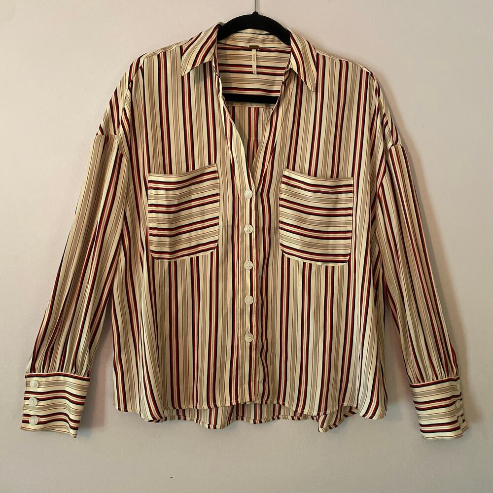 Free People Mad About You Cream Red Stripe Button Down Shirt Boxy Women's Small